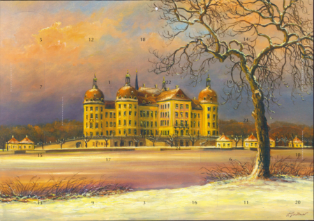 Der Adventskalender zeigt das Schloss Moritzburg aus südwestlicher Richtung in der Winterzeit. Der Schlossteich ist zugefroren und auf den Wiesen, Bäumen und den Dächern von Schloss Moritzburg liegt Schnee. Das Bild erinnert an die die tiefe Ruhe eines Wintertages in der idyllischen Landschaft von Moritzburg.
