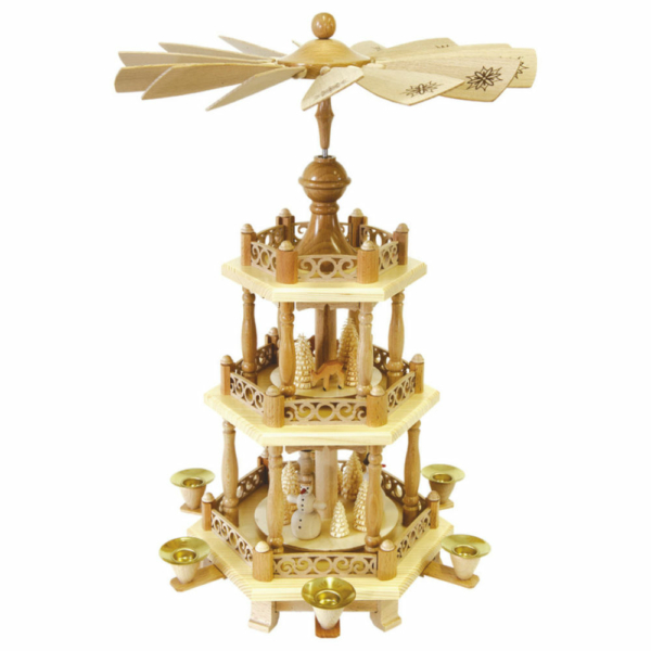 Traditionelle Weihnachtspyramide 2-stöckig, Barockzaun, Schneemänner