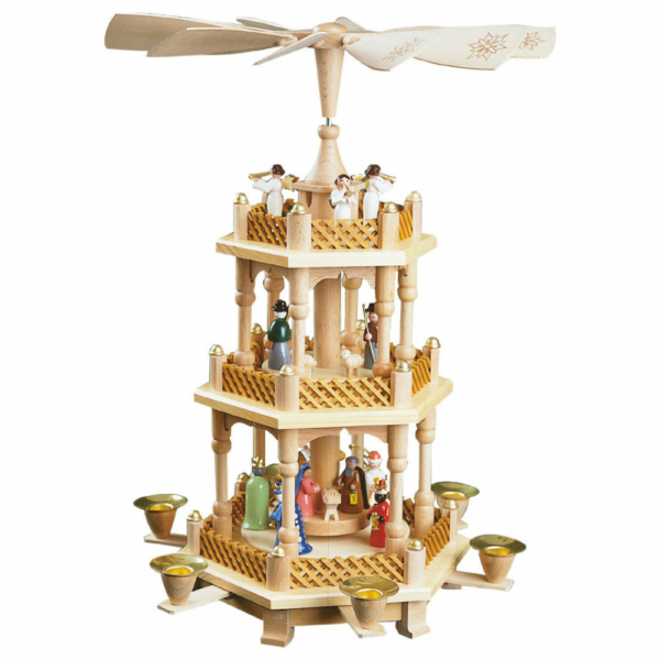 Weihnachtspyramide Christi Geburt 2-stöckig, Gestell Farbe Naturholz, farbige Figuren