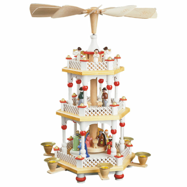 Weihnachtspyramide Christi Geburt 2-stöckig,Farbe Weiß, bunte Figuren, Details in Farbe Rot